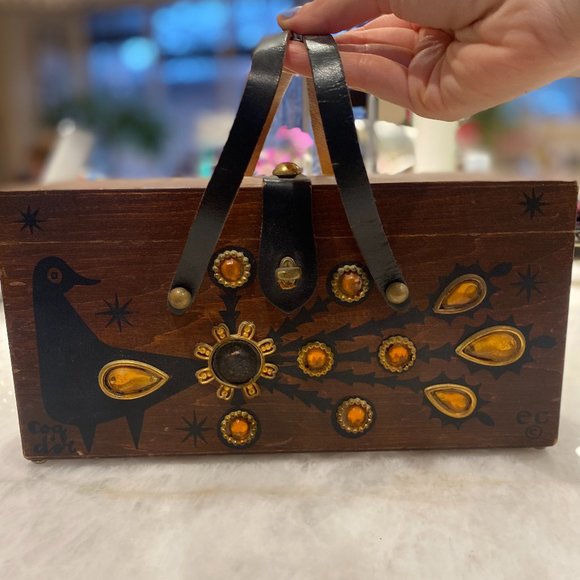 Enid Collins Vintage Wooden Box Purse - Coq d'Or